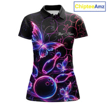 Load image into Gallery viewer, Neon Blue And Pink Butterfly Bowling Polo &amp; 1/4-Zip Shirt For Women Custom Colorful Bowling Team Jersey NYN3266