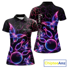 Load image into Gallery viewer, Neon Blue And Pink Butterfly Bowling Polo &amp; 1/4-Zip Shirt For Women Custom Colorful Bowling Team Jersey NYN3266