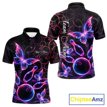 Load image into Gallery viewer, Neon Blue And Pink Butterfly Bowling Polo &amp; 1/4-Zip Shirt For Men Custom Colorful Bowling Team Jersey NYN3266