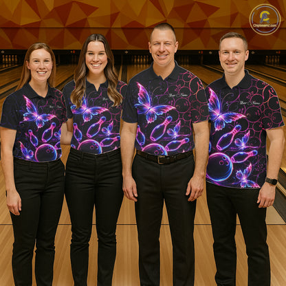 Neon Blue And Pink Butterfly Bowling Polo & 1/4-Zip Shirt For Men Custom Colorful Bowling Team Jersey NYN3266