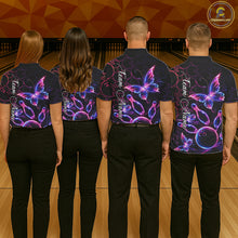 Load image into Gallery viewer, Neon Blue And Pink Butterfly Bowling Polo &amp; 1/4-Zip Shirt For Women Custom Colorful Bowling Team Jersey NYN3266