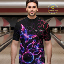Load image into Gallery viewer, Neon Blue And Pink Butterfly Bowling Polo &amp; 1/4-Zip Shirt For Men Custom Colorful Bowling Team Jersey NYN3266