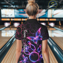 Load image into Gallery viewer, Neon Blue And Pink Butterfly Bowling Polo &amp; 1/4-Zip Shirt For Women Custom Colorful Bowling Team Jersey NYN3266