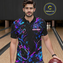 Load image into Gallery viewer, Splatter Neon Purple &amp; Blue Bowling Shirts For Men Custom Funny Raccoon Team Bowling Jersey NYN3270
