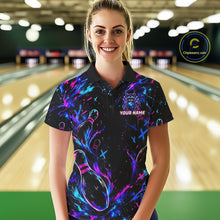 Load image into Gallery viewer, Splatter Neon Purple &amp; Blue Bowling Shirts For Women Custom Funny Raccoon Team Bowling Jersey NYN3270