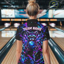 Load image into Gallery viewer, Splatter Neon Purple &amp; Blue Bowling Shirts For Women Custom Funny Raccoon Team Bowling Jersey NYN3270