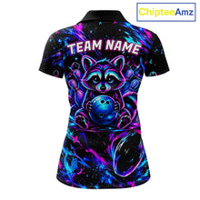 Load image into Gallery viewer, Splatter Neon Purple &amp; Blue Bowling Shirts For Women Custom Funny Raccoon Team Bowling Jersey NYN3270