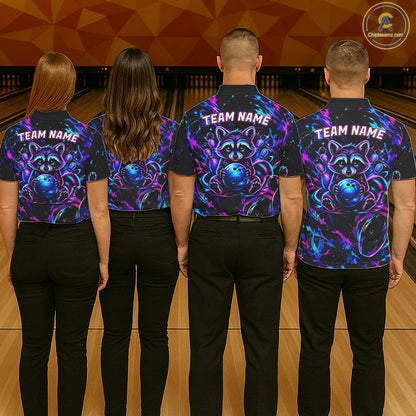 Splatter Neon Purple & Blue Bowling Shirts For Women Custom Funny Raccoon Team Bowling Jersey NYN3270