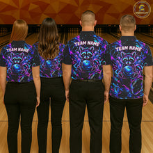 Load image into Gallery viewer, Splatter Neon Purple &amp; Blue Bowling Shirts For Women Custom Funny Raccoon Team Bowling Jersey NYN3270