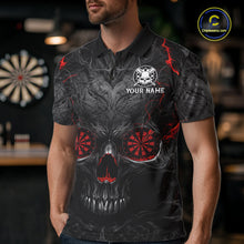 Load image into Gallery viewer, Male darts player wearing Black Red Skull Dartboard jersey during league and tournament competition