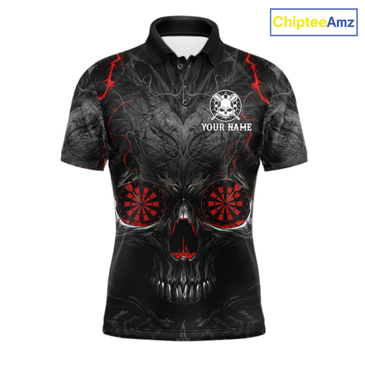 Black Red Skull Dartboard men's darts polo shirt, custom skull dart jersey, personalized dart team apparel, tournament dart uniform