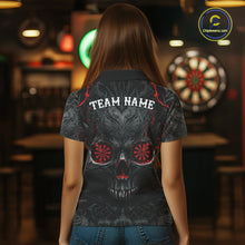 Load image into Gallery viewer, Female darts player wearing Black Red Skull Dartboard jersey during league and tournament competition
