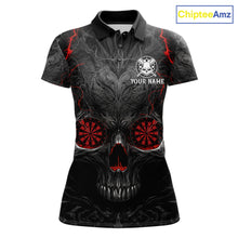Load image into Gallery viewer, Black Red Skull Dartboard women's darts polo shirt, custom skull dart jersey, personalized dart team apparel, tournament dart uniform
