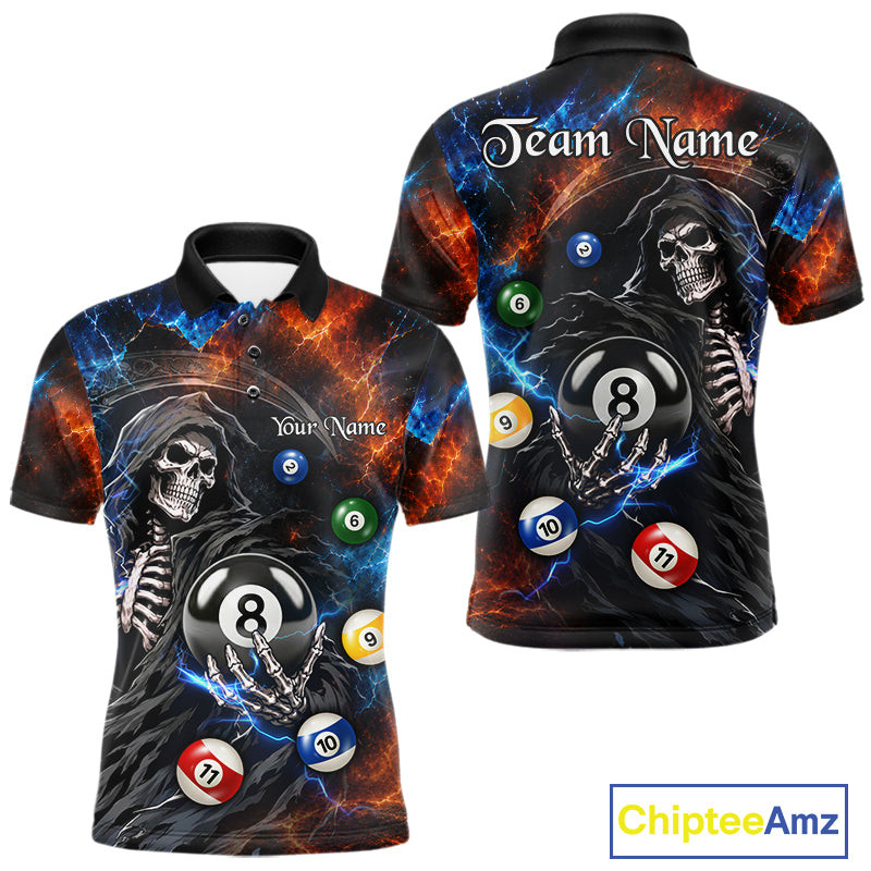 Men's Thunder Grim Reaper billiard polo with lightning effects, personalized pool tournament jersey, APA, BCA and VNEA team apparel, custom athletic polo.