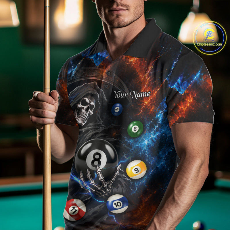 Male model wearing Thunder Grim Reaper custom billiard polo, personalized team shirt, tournament jersey, cue sports athletic apparel.