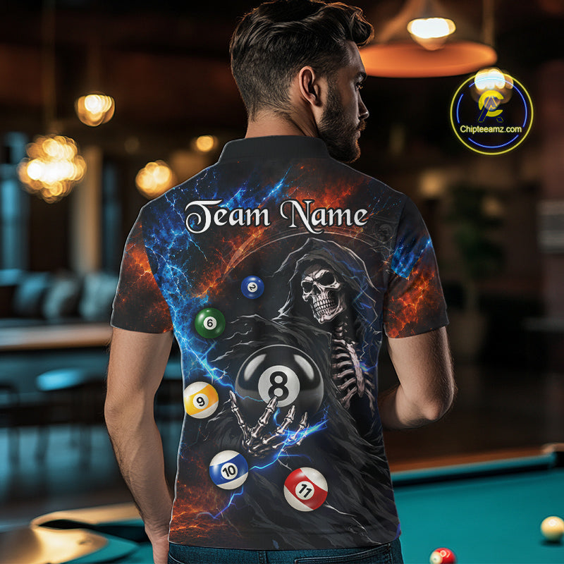 Male model wearing Thunder Grim Reaper custom billiard polo, personalized team shirt, tournament jersey, cue sports athletic apparel.