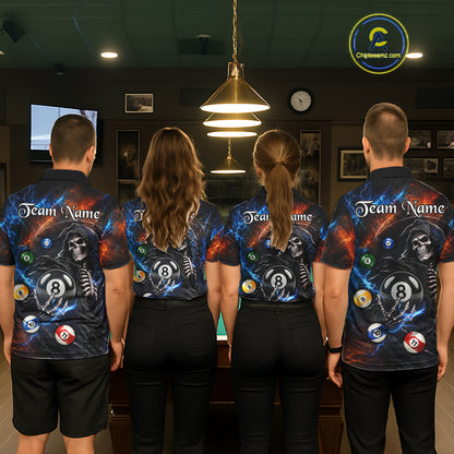 Professional pool team wearing Thunder Grim Reaper personalized jerseys, pool league uniforms, billiard championship apparel, matching custom team clothing.
