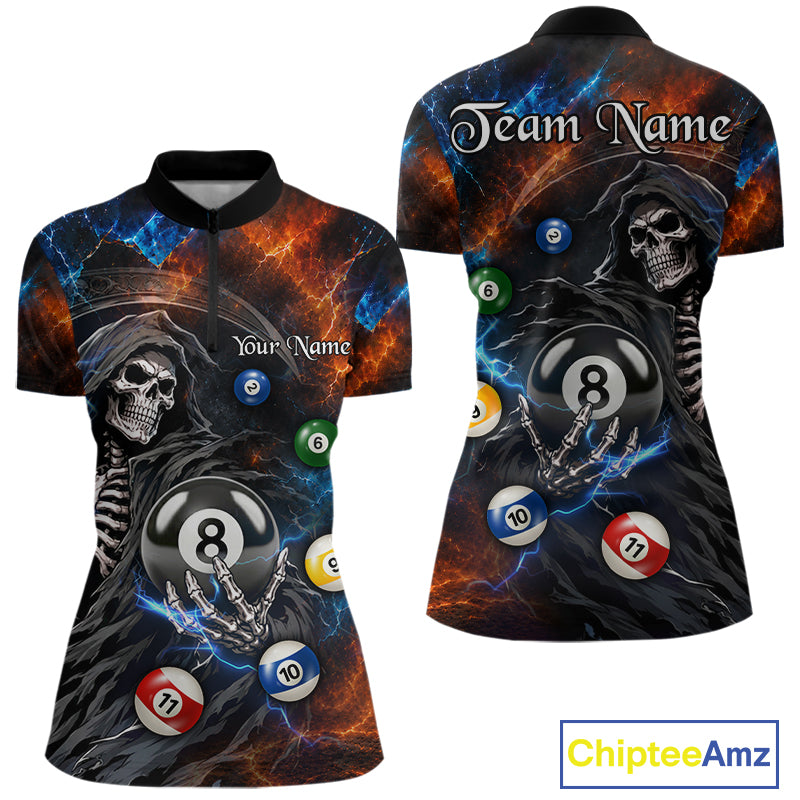 Women's Thunder Grim Reaper quarter zip billiard shirt with lightning graphics, personalized custom pool uniform, APA league apparel, breathable performance jersey.