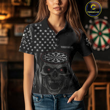 Load image into Gallery viewer, Custom Black Grey Grunge Skull Patriotic Dart Women Polo Jerseys USA Flag Dart Shirts NYN1726