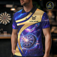 Load image into Gallery viewer, Personalized Golden And Purple Galaxy Darts Polo &amp; 1/4 Zip Shirt For Men Darts Clothing Jerseys NYN2892