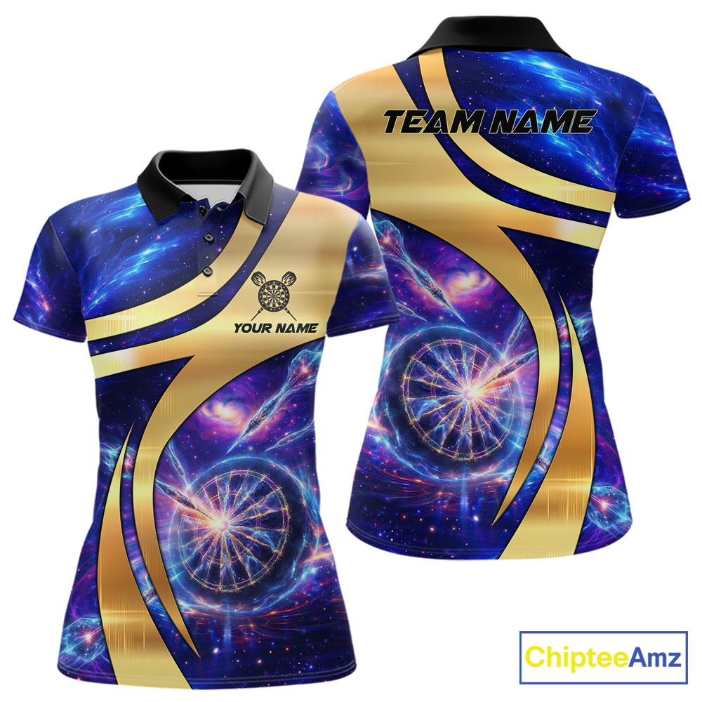Personalized Golden And Purple Galaxy Darts Polo & 1/4 Zip Shirt For Women Darts Clothing Jerseys NYN2892