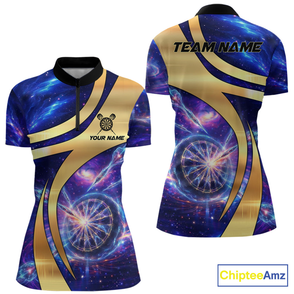 Personalized Golden And Purple Galaxy Darts Polo & 1/4 Zip Shirt For Women Darts Clothing Jerseys NYN2892