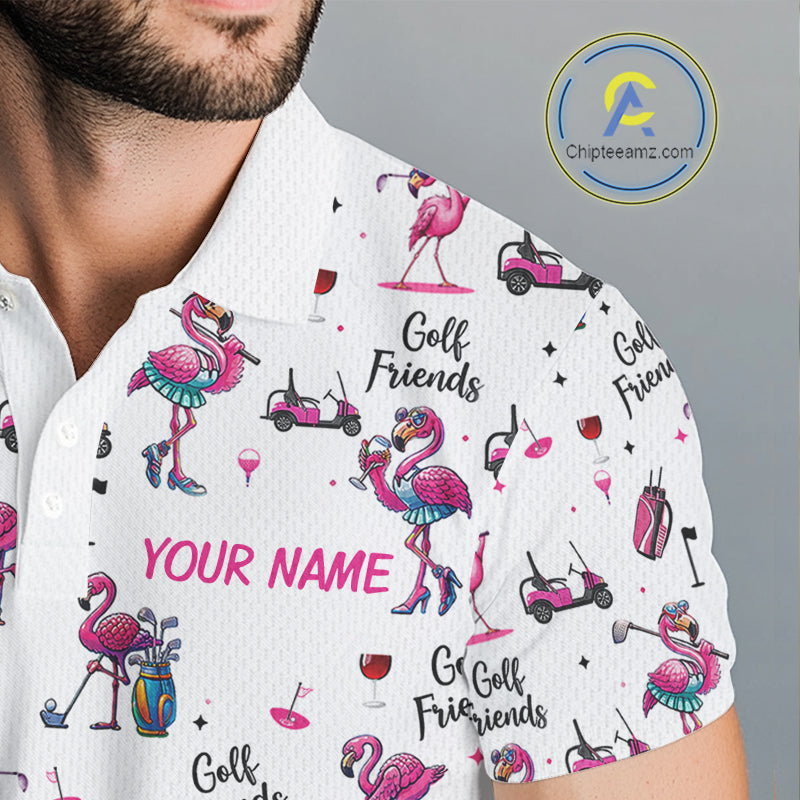 Funny Pink Flamingo Friends White Mens Polo Shirt Custom Flamingo Ladies Golf Outfits NYN3111