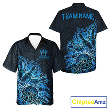 Load image into Gallery viewer, Blue Tribal Pattern bowling Hawaiian shirt featuring bold tribal graphics, custom bowling button-up shirt, tropical aloha apparel, personalized bowling league clothing, lightweight vacation team uniform