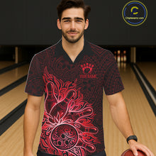 Load image into Gallery viewer, Male and female models wearing Red Tribal Pattern bowling Hawaiian shirts, custom bowling team button-up apparel, tropical vacation clothing inspired by tribal culture, passion, courage, leadership and championship performance