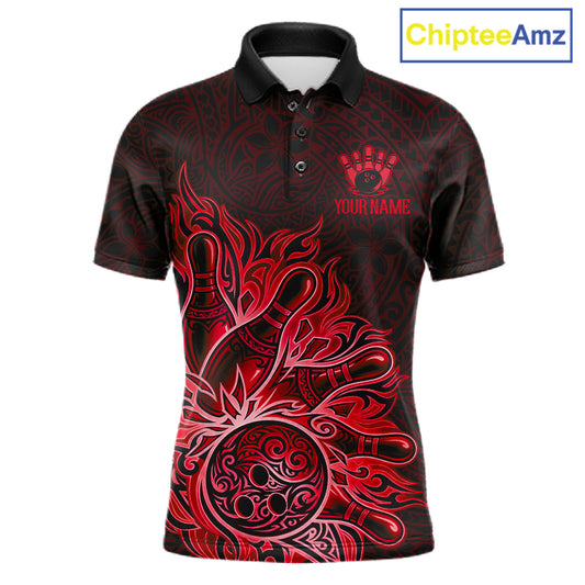 Red Tribal Pattern Bowling Ball men's bowling polo shirt, custom bowling team jersey, tribal bowling apparel