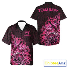 Load image into Gallery viewer, Pink Tribal Pattern bowling Hawaiian shirt featuring modern tribal graphics, tropical aloha bowling button-up shirt, personalized women's and men's bowling apparel, vacation league clothing
