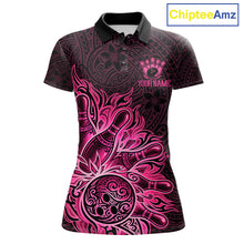 Load image into Gallery viewer, Pink Tribal Pattern Bowling Ball women's bowling polo shirt, custom tribal bowling team shirt, personalized bowling jersey