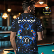 Load image into Gallery viewer, Male bowler wearing Lightning Blue Grim Reaper bowling shirt, custom bowling team jersey, league uniform