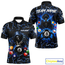Load image into Gallery viewer, Lightning Blue Grim Reaper men's bowling polo shirt, custom skull bowling team jersey, personalized bowling league apparel