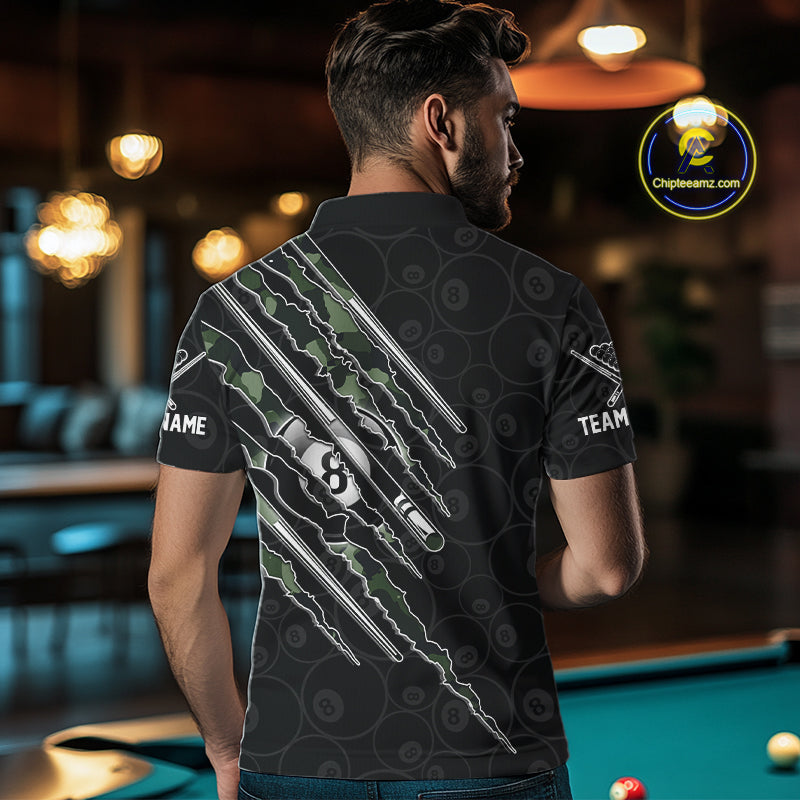 Male model wearing military green camo billiard polo, custom league jersey, tournament team apparel, athletic performance clothing.