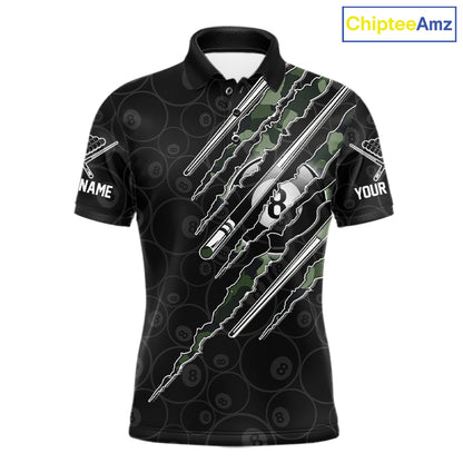 Men's Military Green Camo billiard polo with personalized name, custom APA league shirt, BCA tournament apparel, breathable athletic polo, tactical pool team jersey.