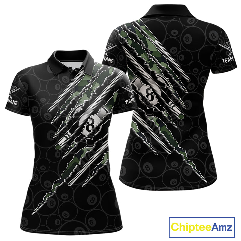 Women's Military Green Camo billiard polo shirt featuring 8 Ball graphics, personalized pool league jersey, pool billiard apparel, tactical sports clothing, custom team uniform.