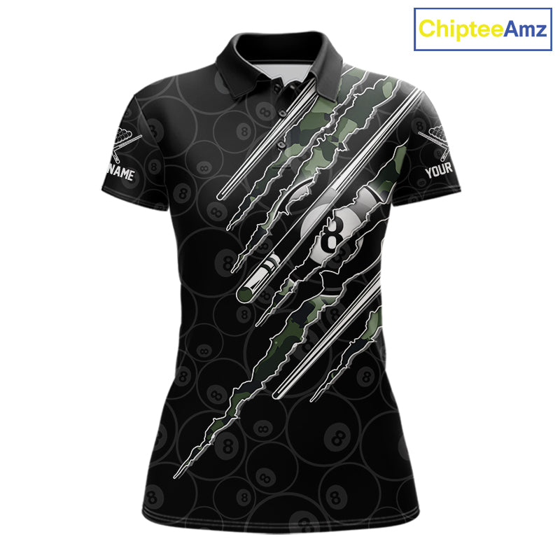 Women's Military Green Camo billiard polo shirt featuring 8 Ball graphics, personalized pool league jersey, pool billiard apparel, tactical sports clothing, custom team uniform.