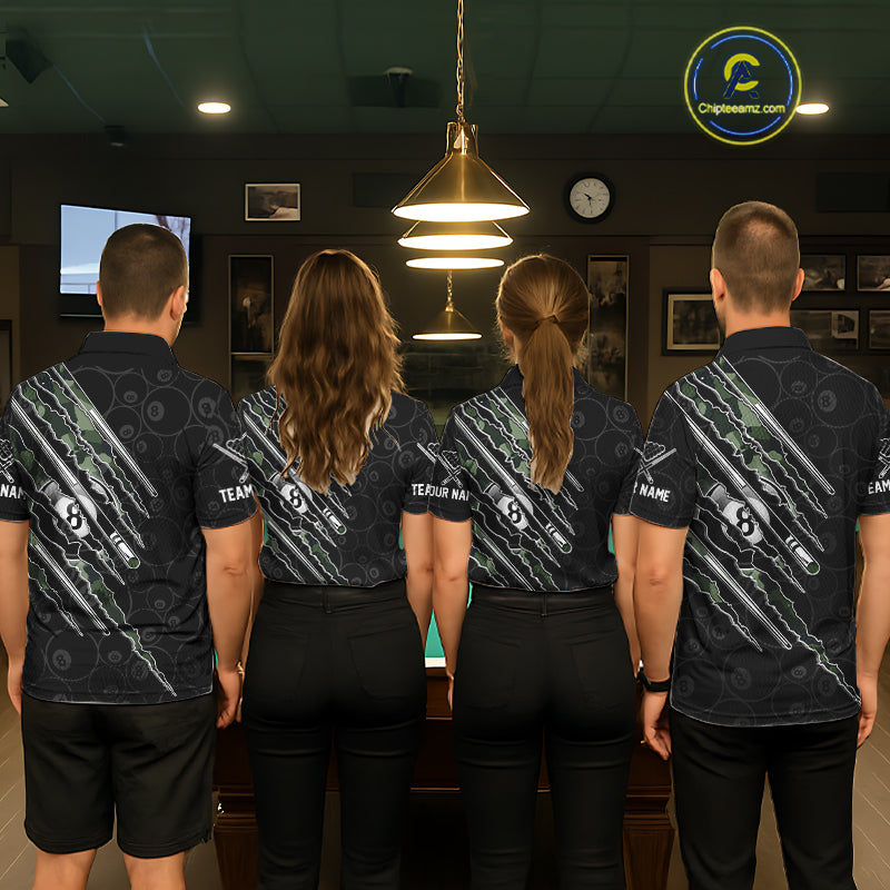 Matching pool team wearing military camo personalized jerseys, billiard pool tournament uniforms, tactical custom club apparel