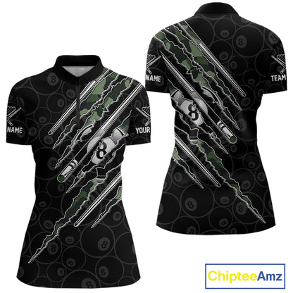 Women's military green camo quarter zip billiard jersey, personalized tournament apparel, pool team clothing, custom sports uniform.