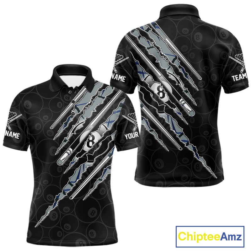 Men's Blue Scratch Pattern billiard polo featuring personalized team name, APA pool league apparel, custom BCA tournament jersey, performance sports polo.
