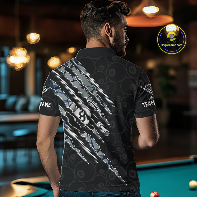 Male model wearing Blue Scratch Pattern custom billiard polo, billiard tournament apparel, personalized sports team jersey, athletic wear.