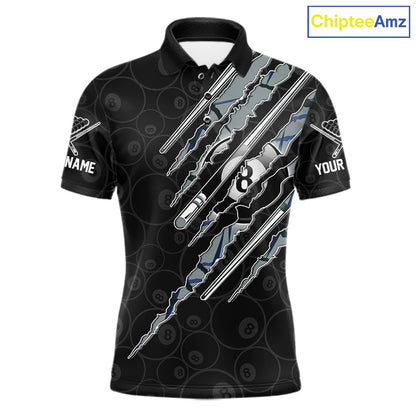 Men's Blue Scratch Pattern billiard polo featuring personalized team name, APA pool league apparel, custom BCA tournament jersey, performance sports polo.