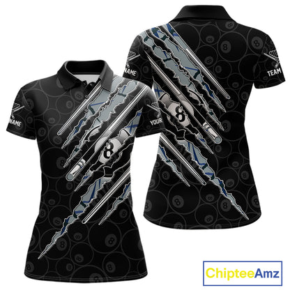 Women's Blue Scratch Pattern billiard polo shirt with personalized name, custom APA league jersey, billiard tournament apparel, cue sports clothing, moisture-wicking athletic polo.