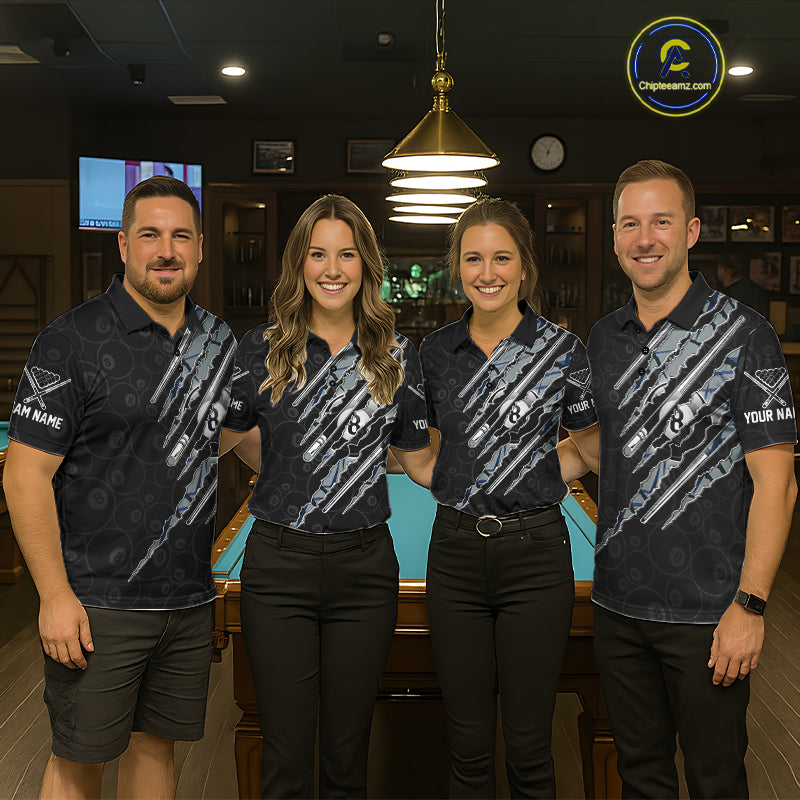Professional billiard team wearing matching Blue Scratch Pattern jerseys, personalized names, billiard pool league uniforms, custom club apparel.