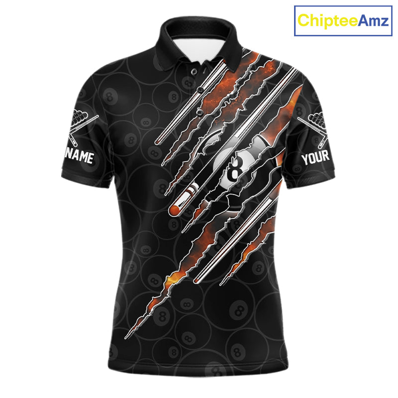 Men's Red Fire Flames billiard polo with personalized name, custom pool league jersey, billiard tournament apparel, athletic performance team shirt.