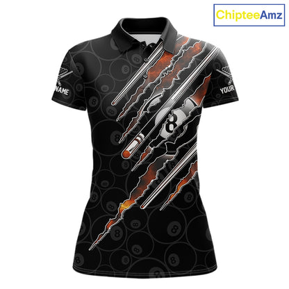 Women's Red Fire Flames billiard polo shirt featuring 8 Ball graphics, personalized pool league jersey, APA and BCA tournament apparel, custom cue sports clothing, moisture-wicking athletic polo.