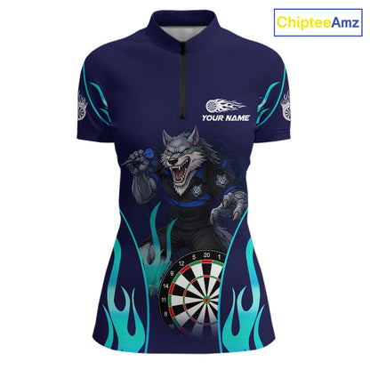 Personalized Funny Wolf Blue Flaming Darts Women Polo & 1/4-Zip Dart Shirt Wolf Dart Team Jerseys NYN2900
