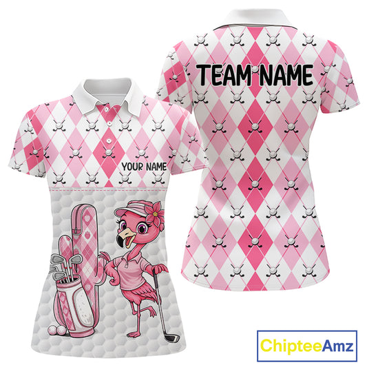Funny Flamingo Golf Polo Shirts For Women Pink Argyle Flamingo Custom White Ball Golf Apparel NYN3121