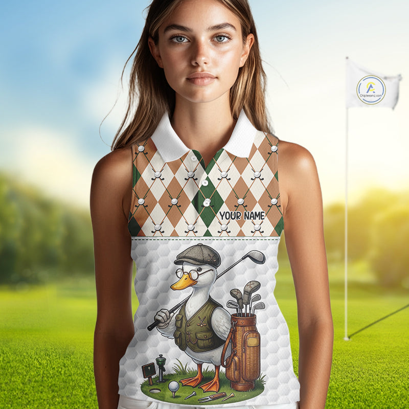 Funny Cool Duck Golf Sleeveless Polo Shirts For Women Green & Brown Argyle Custom White Ball Golf Apparel NYN3122